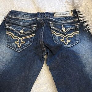 Rock Revival Blue Boot Cut Jeans with Gold Stitching